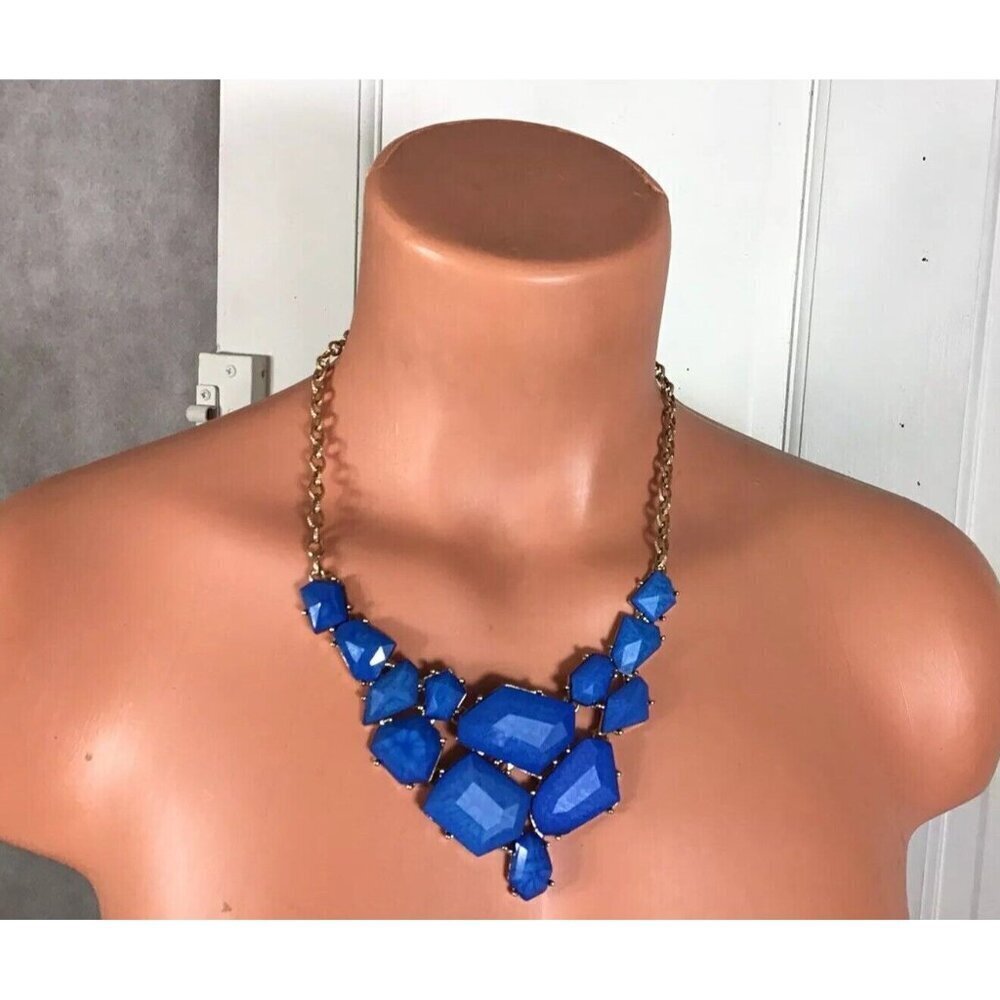 Statement Necklace Gold Tone Chain Link Blue Stones
